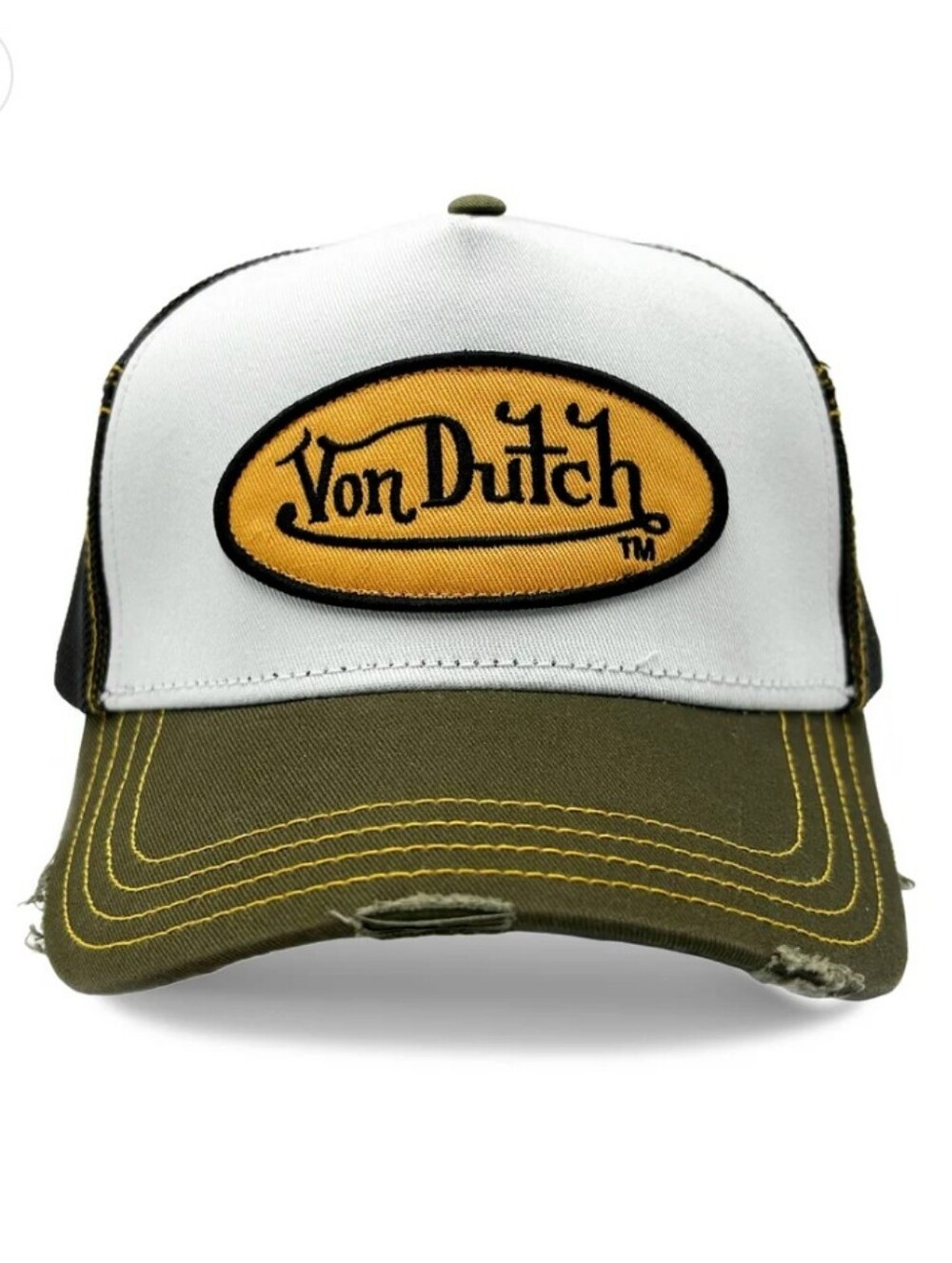 Von Dutch Olive & Yellow Classic Distressed Trucker Hat